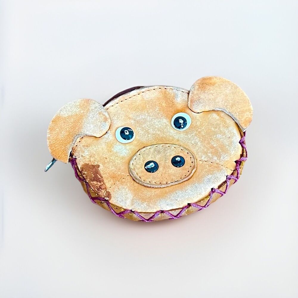 Handmade Leather Pig Face Coin Purse Vintage Singapore 4.25”